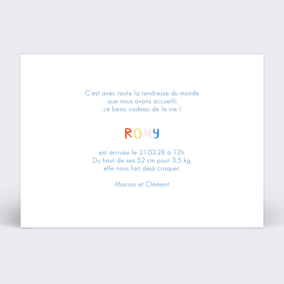 Faire part naissance Texte Coloré Verso