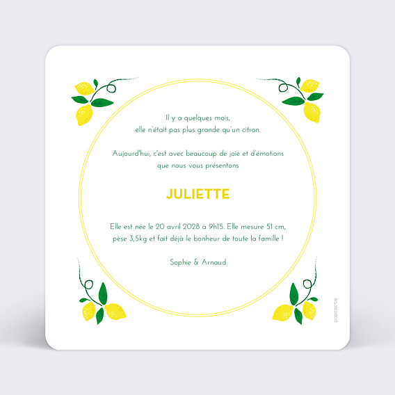 Faire part naissance Citrons Pressés Verso
