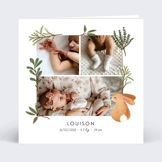 Faire-part Naissance Lapin Forêt Carré