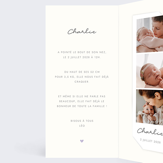 Faire-part Naissance Motif coeur lilas