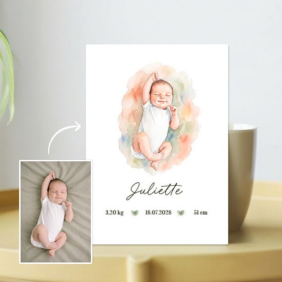Faire-part Naissance Portrait en aquarelle