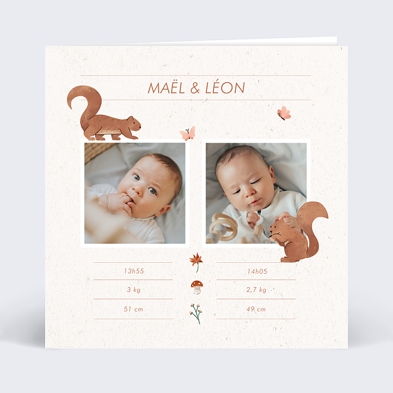 Faire part naissance Jumeaux forêt Recto