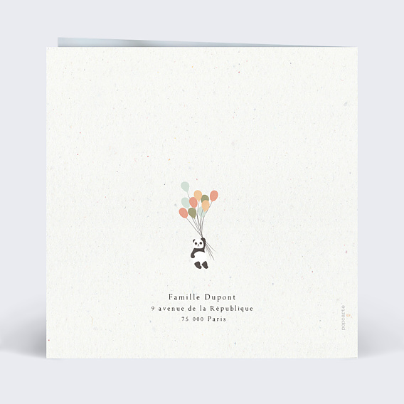 Faire part naissance Panda ballons Verso