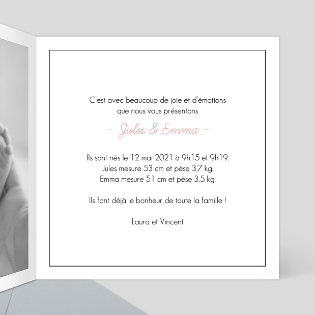 Faire-part de Naissance Multi-photos Jumeaux Intérieur Droit