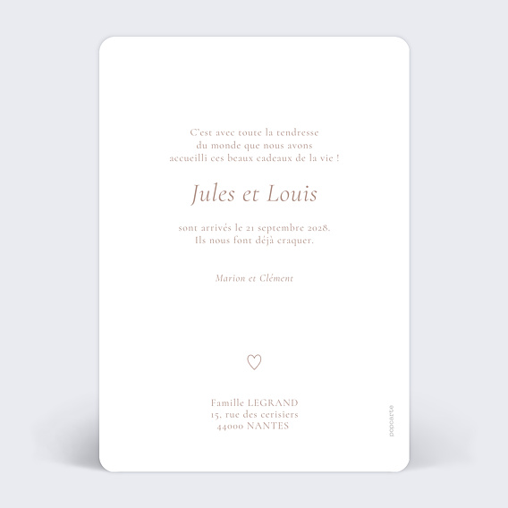 Faire part naissance Multiphoto Élégant Jumeaux Verso