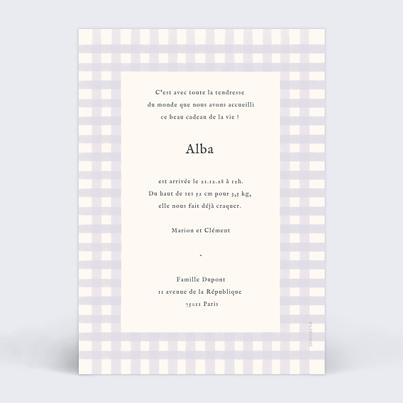 Faire part naissance Vichy Lila Verso