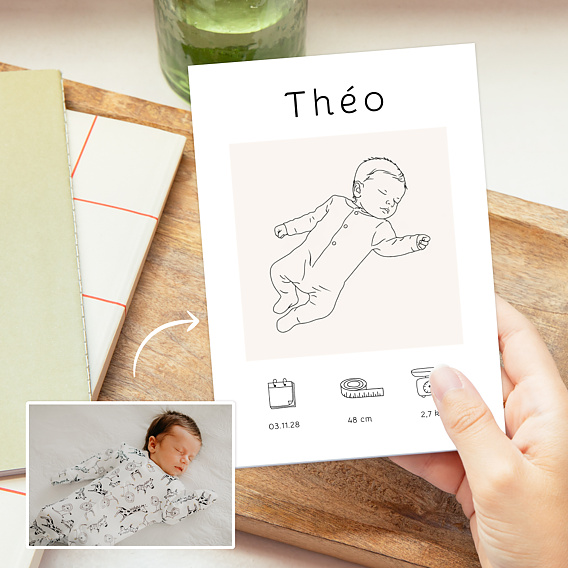 Faire part naissance Portrait line art détaillé Après 1