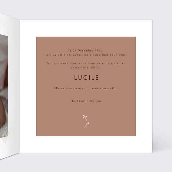 Faire part naissance Motif fleurs et teracotta Intérieur Droit