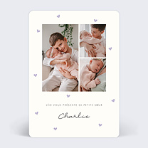 Faire-part Naissance Motif Coeur Lilas