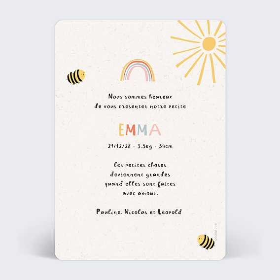 Faire part naissance Sunny Day Verso