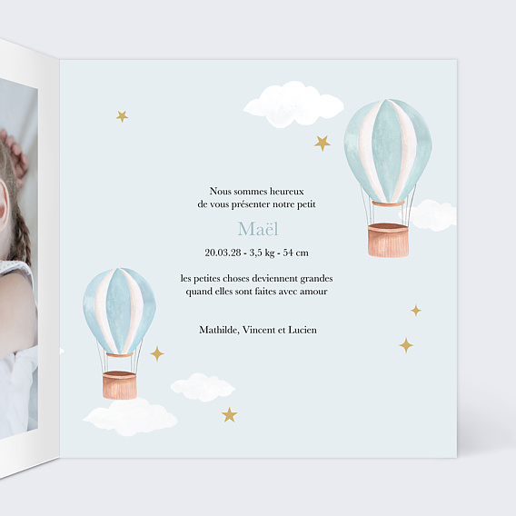 Faire part naissance Ciel et Montgolfières Intérieur Droit