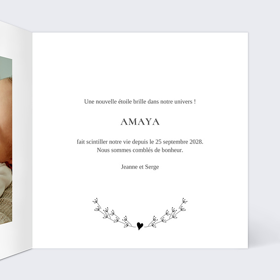 Faire part naissance Coeur Bucolique Intérieur Droit