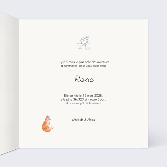 Faire part naissance Couronne renard Intérieur Droit
