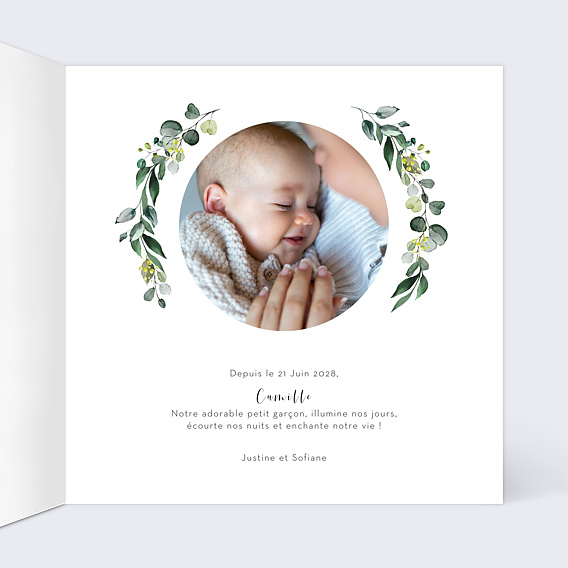 Faire part naissance Découpe Eucalyptus Intérieur Droit