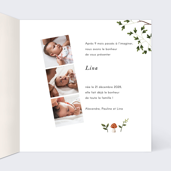 Faire part naissance Découpe Forêt Intérieur Droit
