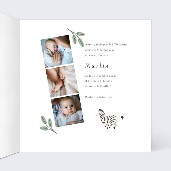Faire part naissance Découpe Jungle Intérieur Droit