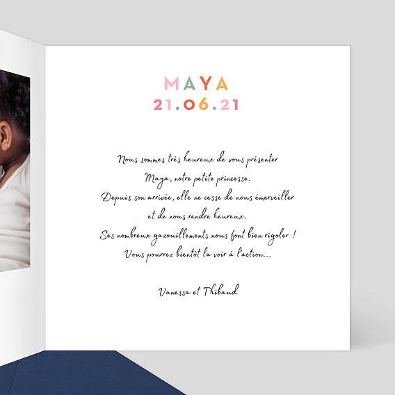 Faire part naissance Devinette Colorée Intérieur Droit