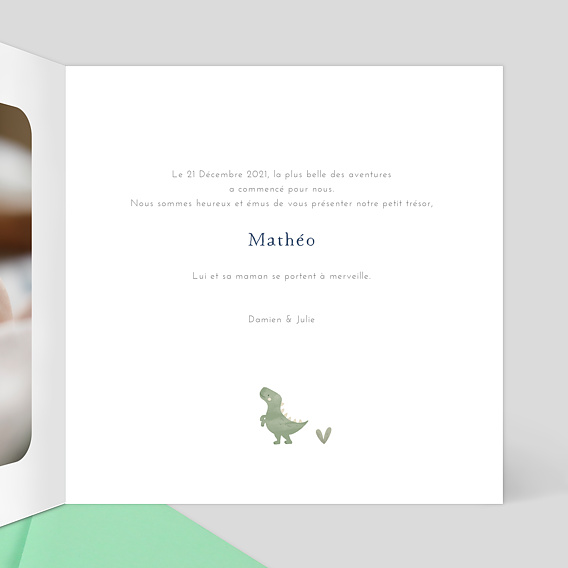 Faire part naissance Dinosaures Intérieur Droit