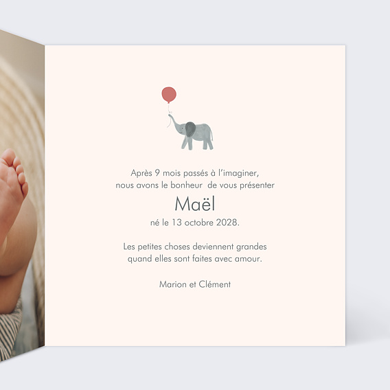 Faire part naissance Éléphant joueur Intérieur Droit