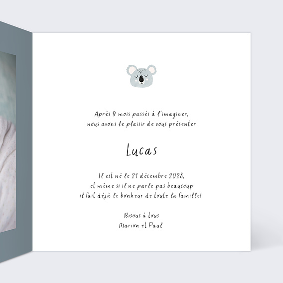 Faire part naissance Dodo de koala  Intérieur Droit