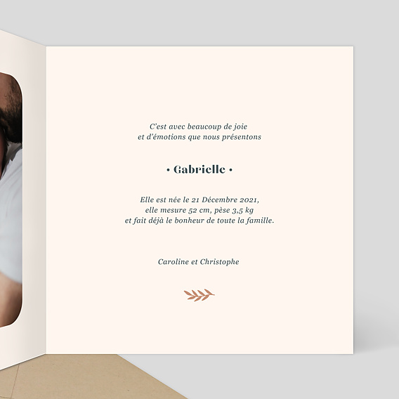 Faire part naissance Mésange Lettrine Intérieur Droit