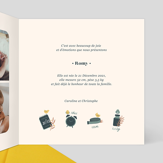 Faire part naissance Mésange Manuscrit Intérieur Droit