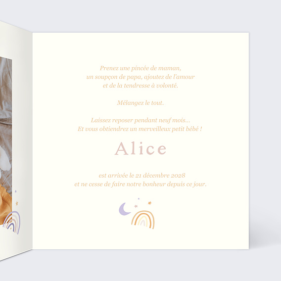 Faire part naissance Motif Arc-En-Ciel Intérieur Droit