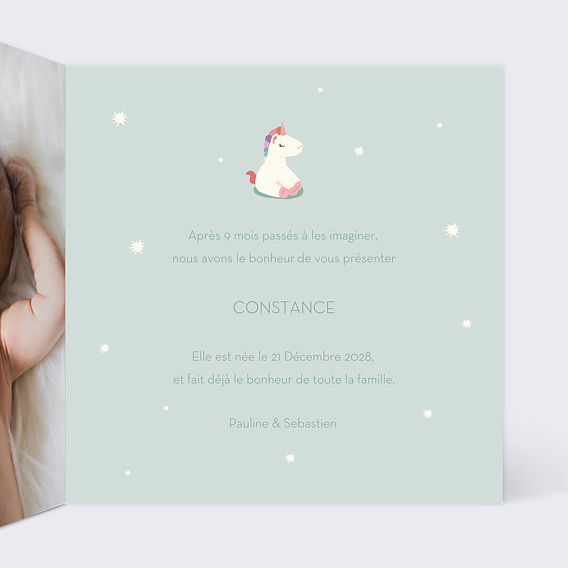Faire part naissance Petite Licorne Intérieur Droit