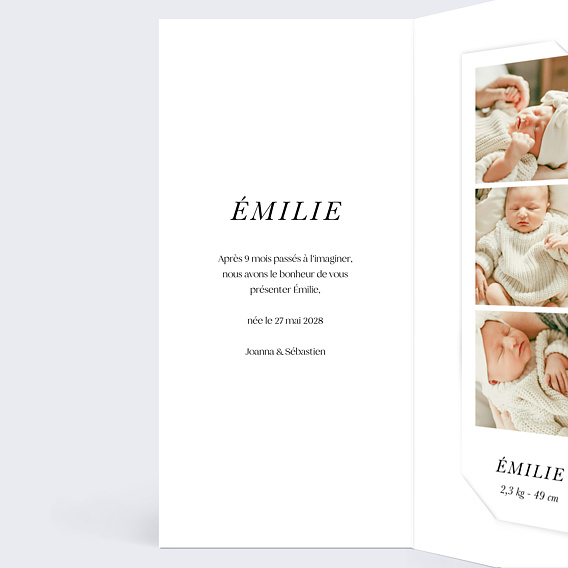 Faire part naissance Trois Photos Bébé Intérieur Gauche