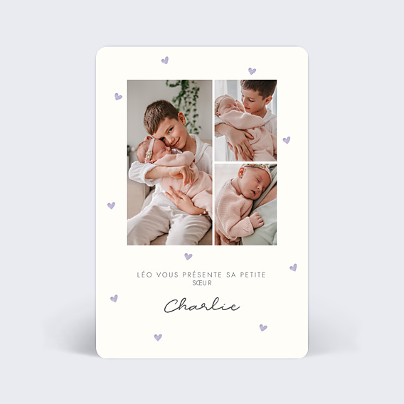 Faire-part Naissance Motif Coeur Lilas