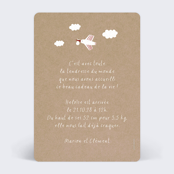 Faire part naissance Motif Cigogne Verso