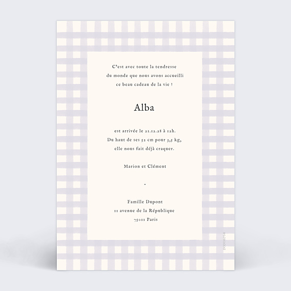 Faire-part Naissance Vichy Lila
