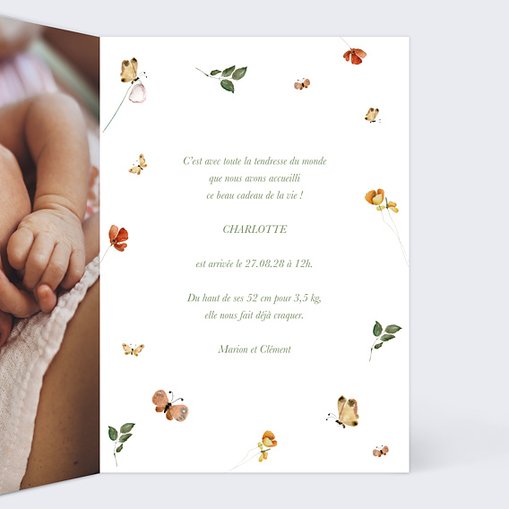 Faire part naissance Motif de papillons Intérieur Droit