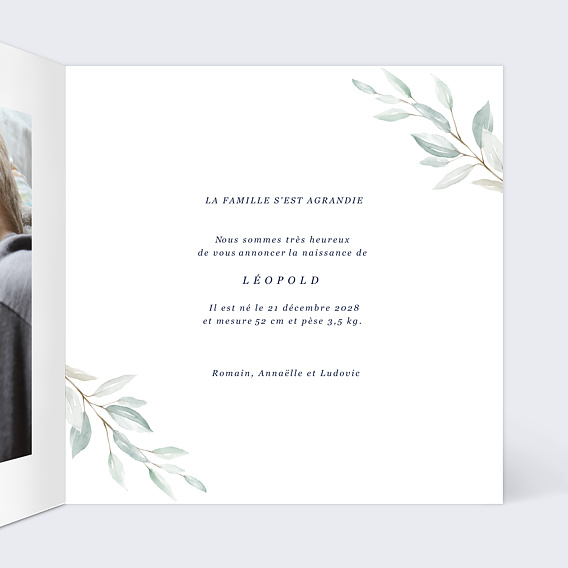 Faire part naissance Lettrine Intérieur Droit