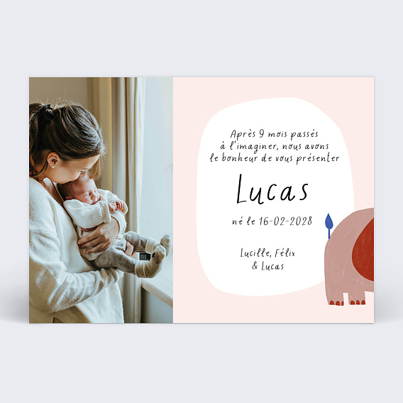 Faire part naissance Petit Éléphant Verso