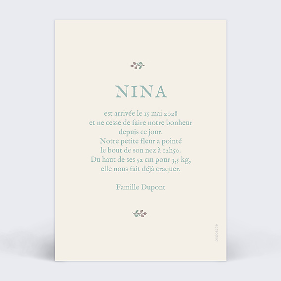 Faire part naissance Florale minimale Verso