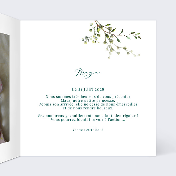 Faire part naissance Herbarium Intérieur Droit