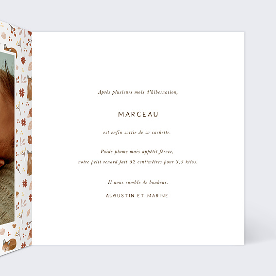 Faire part naissance Pattern Renardeau Intérieur Droit