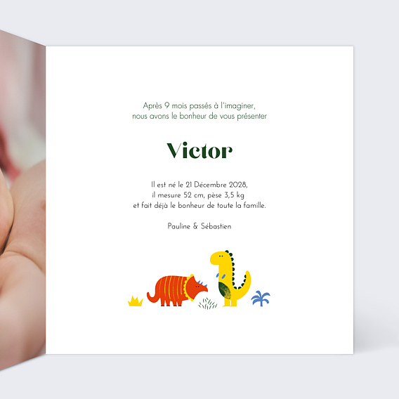 Faire part naissance Motif Dinosaure Intérieur Droit