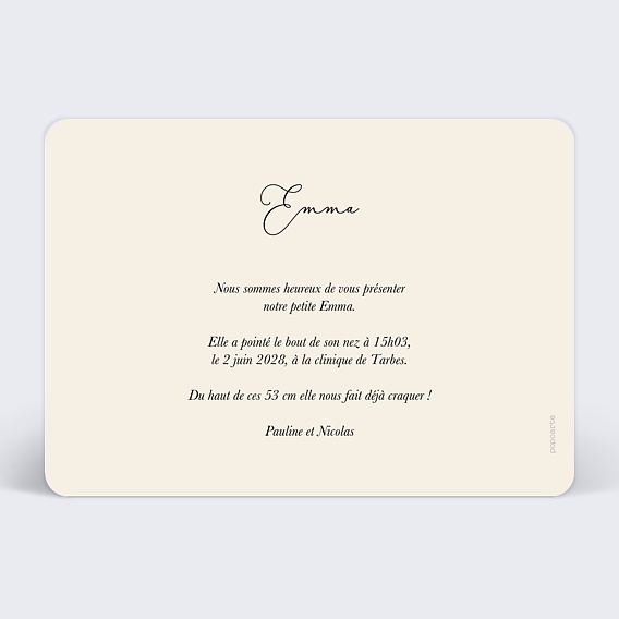 Faire part naissance Étiquette cœur Verso