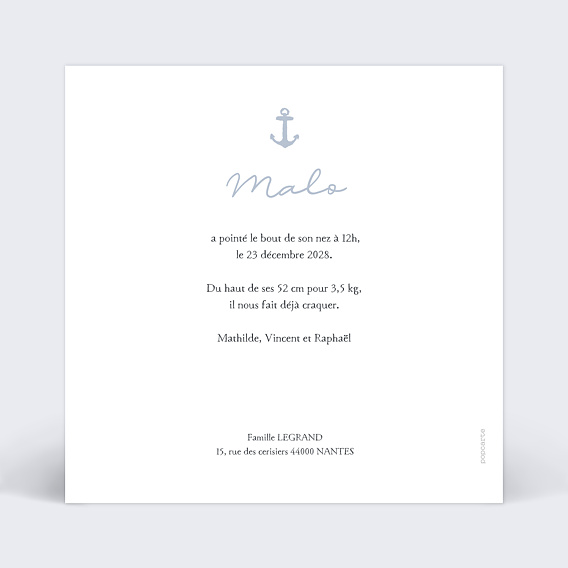 Faire part naissance Faire-part Marin Verso