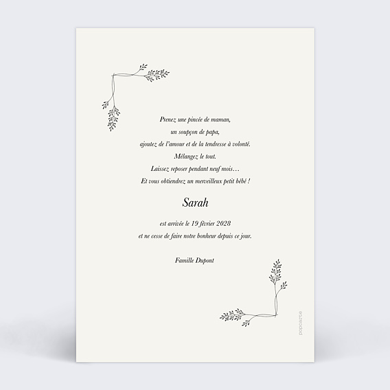 Faire part naissance Liseré fleuri Verso