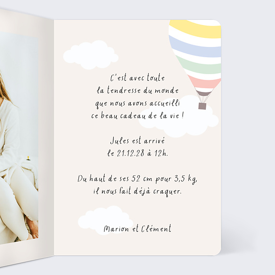 Faire part naissance Jolie Montgolfière Intérieur Droit