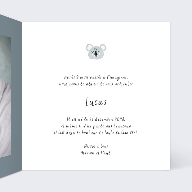 Faire-part Naissance Koala Intérieur Droit