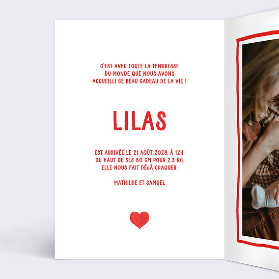 Faire part naissance Cœur Simple Rouge Intérieur Gauche
