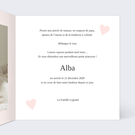 Faire part naissance Coeur Rose Intérieur Droit