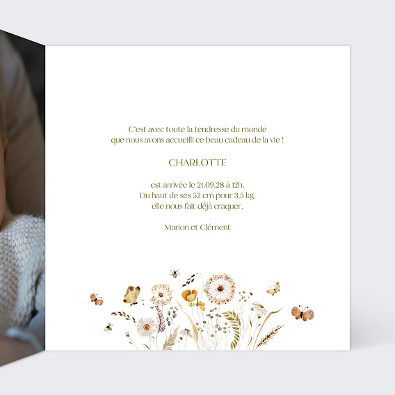 Faire part naissance Papillon et Fleurs Intérieur Droit