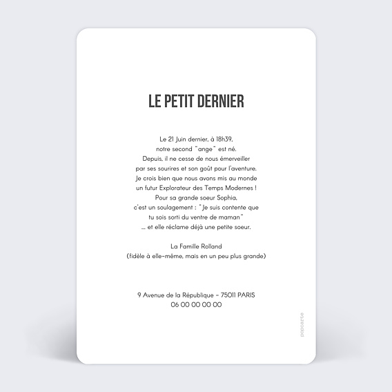 Faire part naissance Prénom Mignon Verso