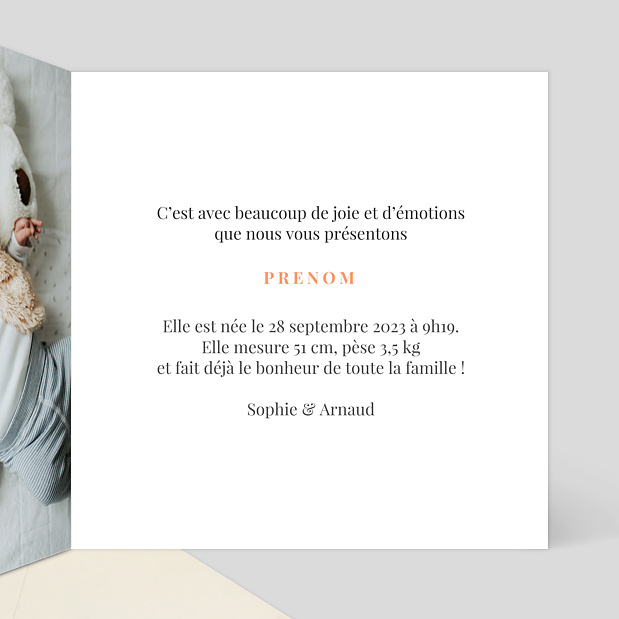 Faire-part de naissance Personnalisé avec le Prénom et la Photo Intérieur Droit