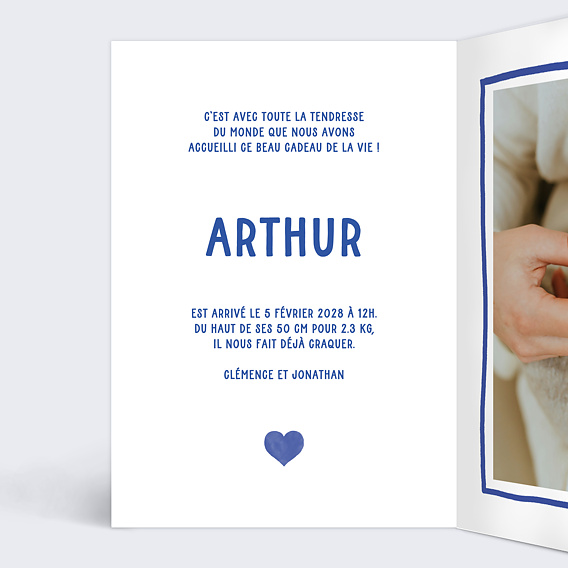 Faire part naissance Cœur Simple Bleu Intérieur Gauche